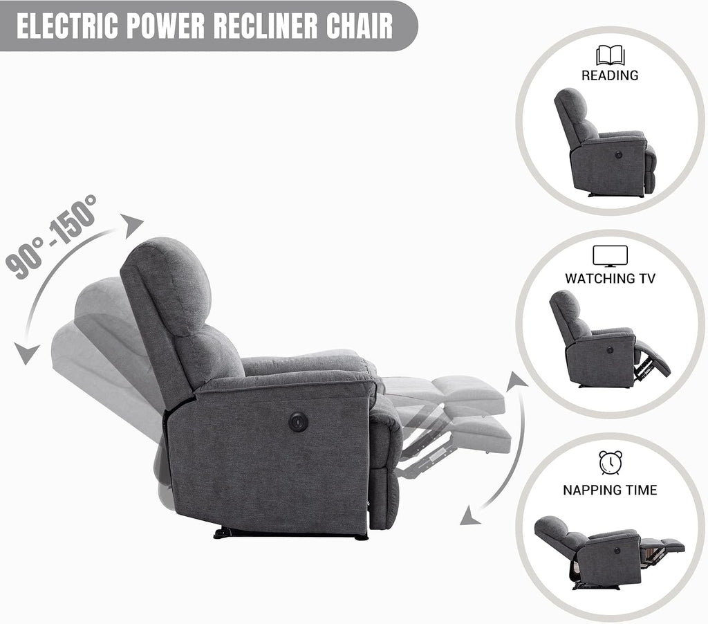EBELLO Power Recliner Chair, Electric Recliner, Breathable Fabric Single Overstuffed Recliner Sofa Chair with USB Charge Port for Elderly Living Room, Bedroom, Gray, Power Gray