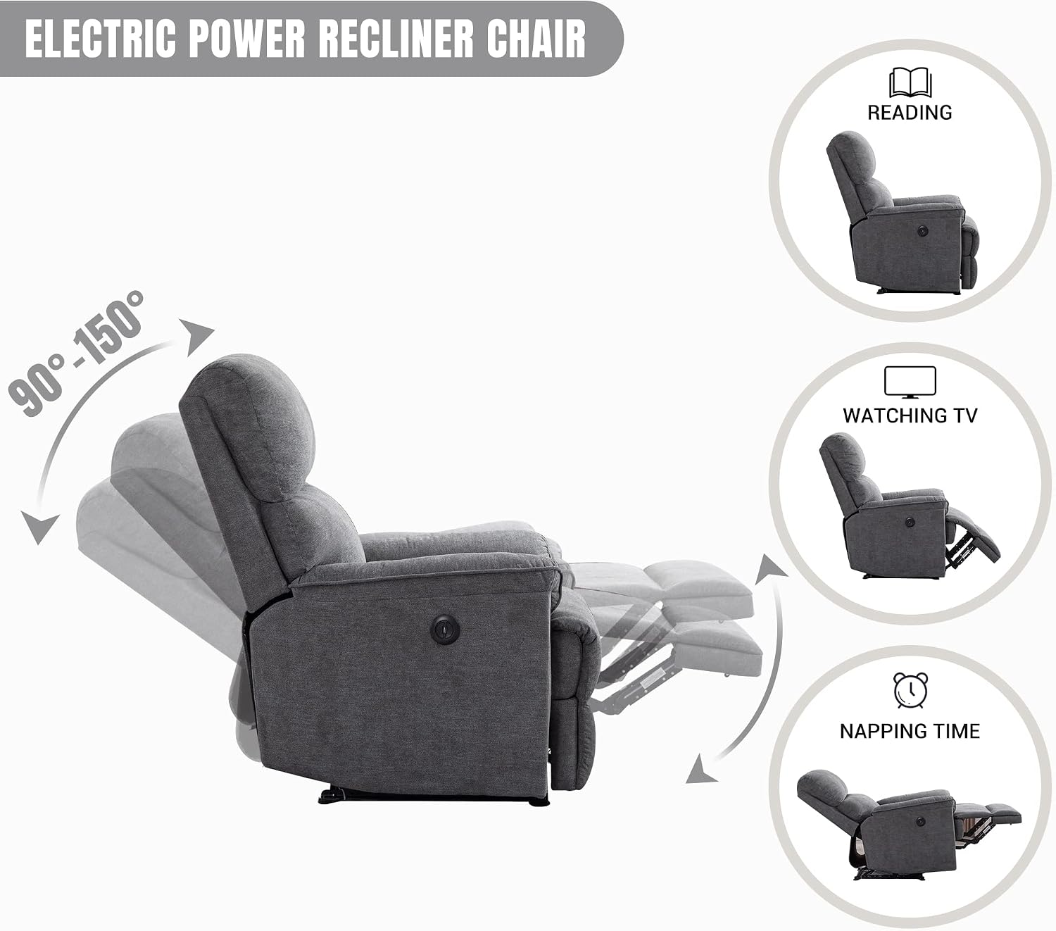 EBELLO Power Recliner Chair, Electric Recliner, Breathable Fabric Single Overstuffed Recliner Sofa Chair with USB Charge Port for Elderly Living Room, Bedroom, Gray, Power Gray