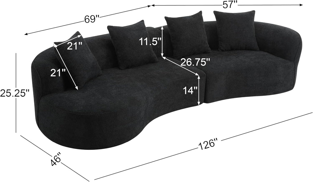 Christopher Knight Home Braebt 126' Sectional Sofa with 4 Throw Pillows, 5-Seater Large Modular Sofa Couches, Comfy Curved Upholstered Cloud Couch for Living Room, Study, No Assembly Required, Black