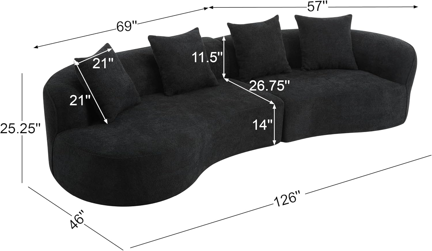 Christopher Knight Home Braebt 126' Sectional Sofa with 4 Throw Pillows, 5-Seater Large Modular Sofa Couches, Comfy Curved Upholstered Cloud Couch for Living Room, Study, No Assembly Required, Black