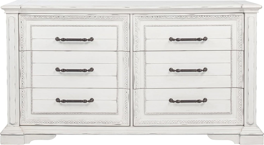 Coaster Home Furnishings - McKinney - Poplar Wood - 6-Drawer Dresser with Traditional Style, Jewelry Tray, Ornate Trim and Antique Bronze Hardware - Bedroom - Vintage White - 215873