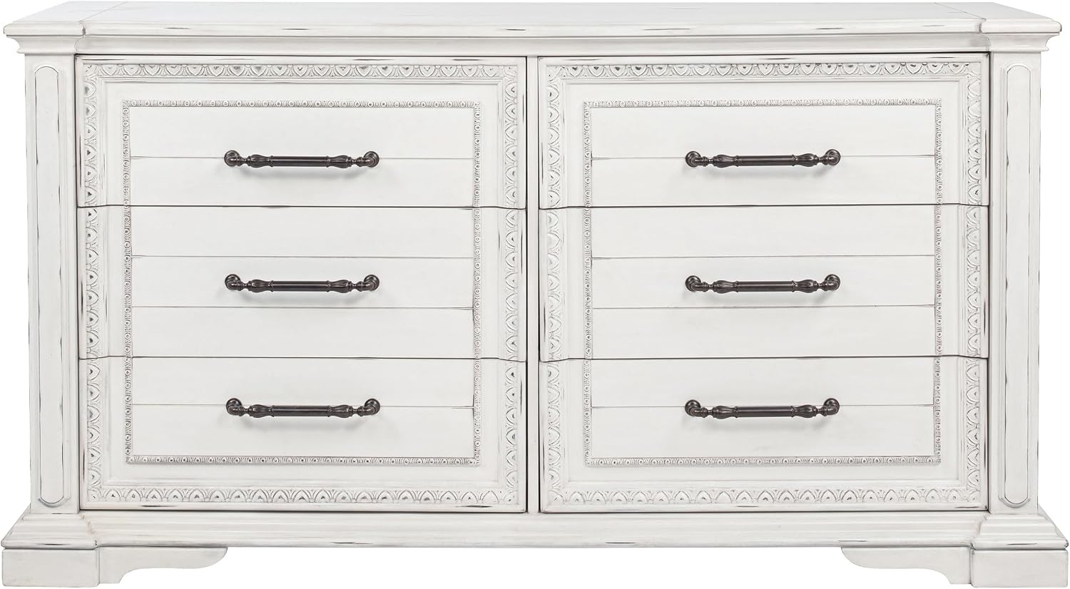 Coaster Home Furnishings - McKinney - Poplar Wood - 6-Drawer Dresser with Traditional Style, Jewelry Tray, Ornate Trim and Antique Bronze Hardware - Bedroom - Vintage White - 215873