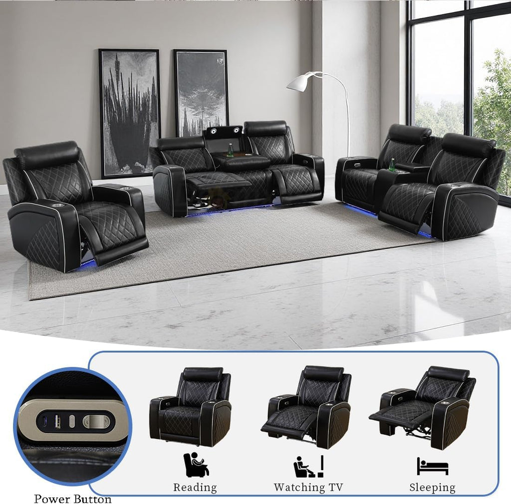 3 Piece Living Room Furniture Set with Cup Holders, Power Recliner Sofa Set, Black Breathing Leather Reclining Couch with LED Lights/Charging Ports/Storage Console for Living Room/Office