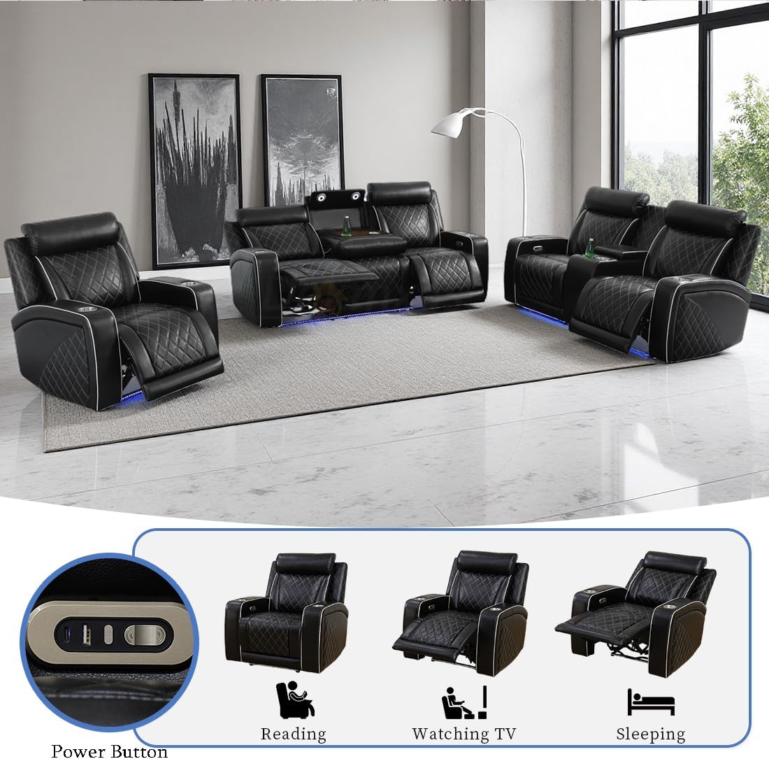 3 Piece Living Room Furniture Set with Cup Holders, Power Recliner Sofa Set, Black Breathing Leather Reclining Couch with LED Lights/Charging Ports/Storage Console for Living Room/Office
