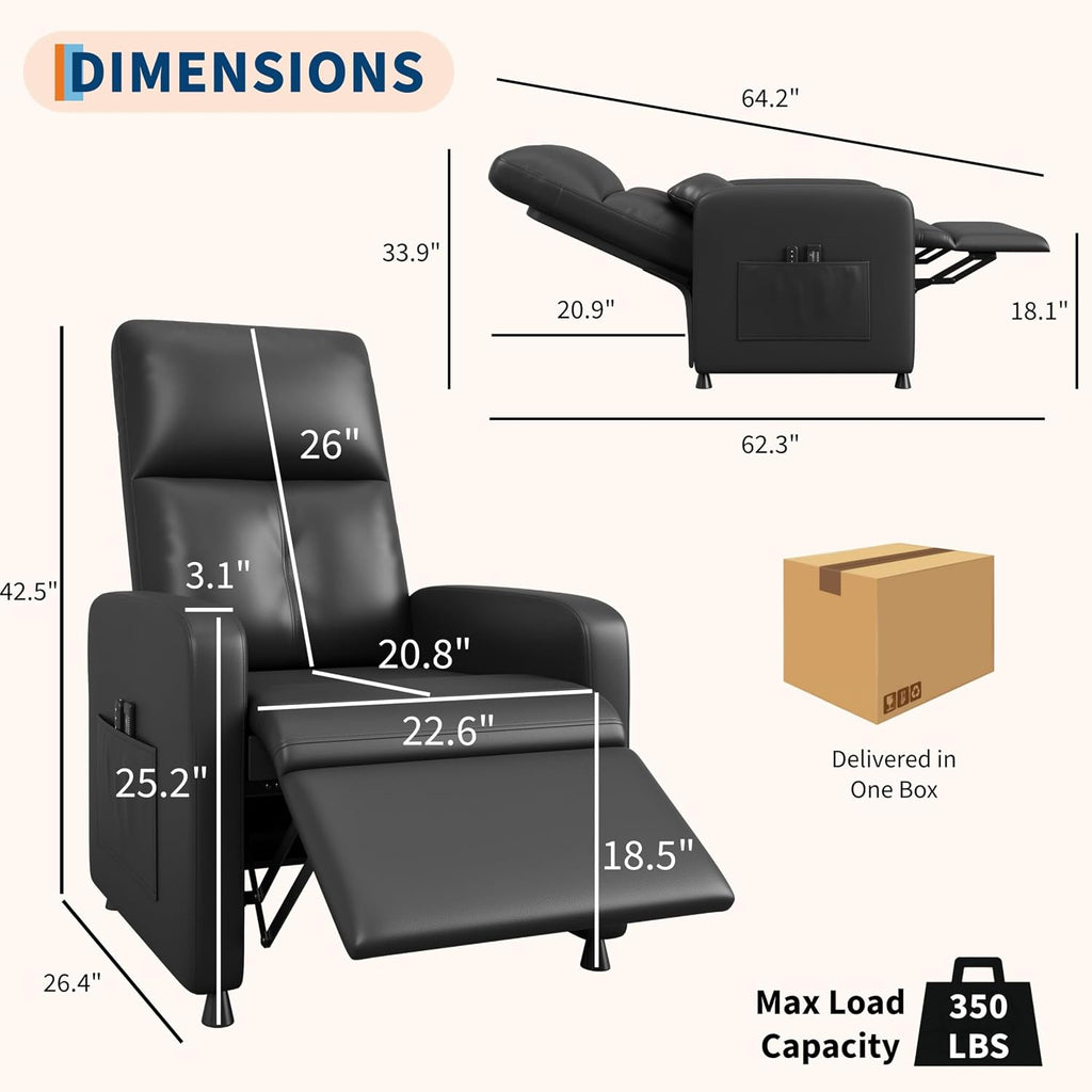Power Recliner Chair, Electric Recliner with Memory Function & USB Port, Overstuffed PU Leather Living Room Chair with Side Pockets, Ergonomic Home Theater Seating Black