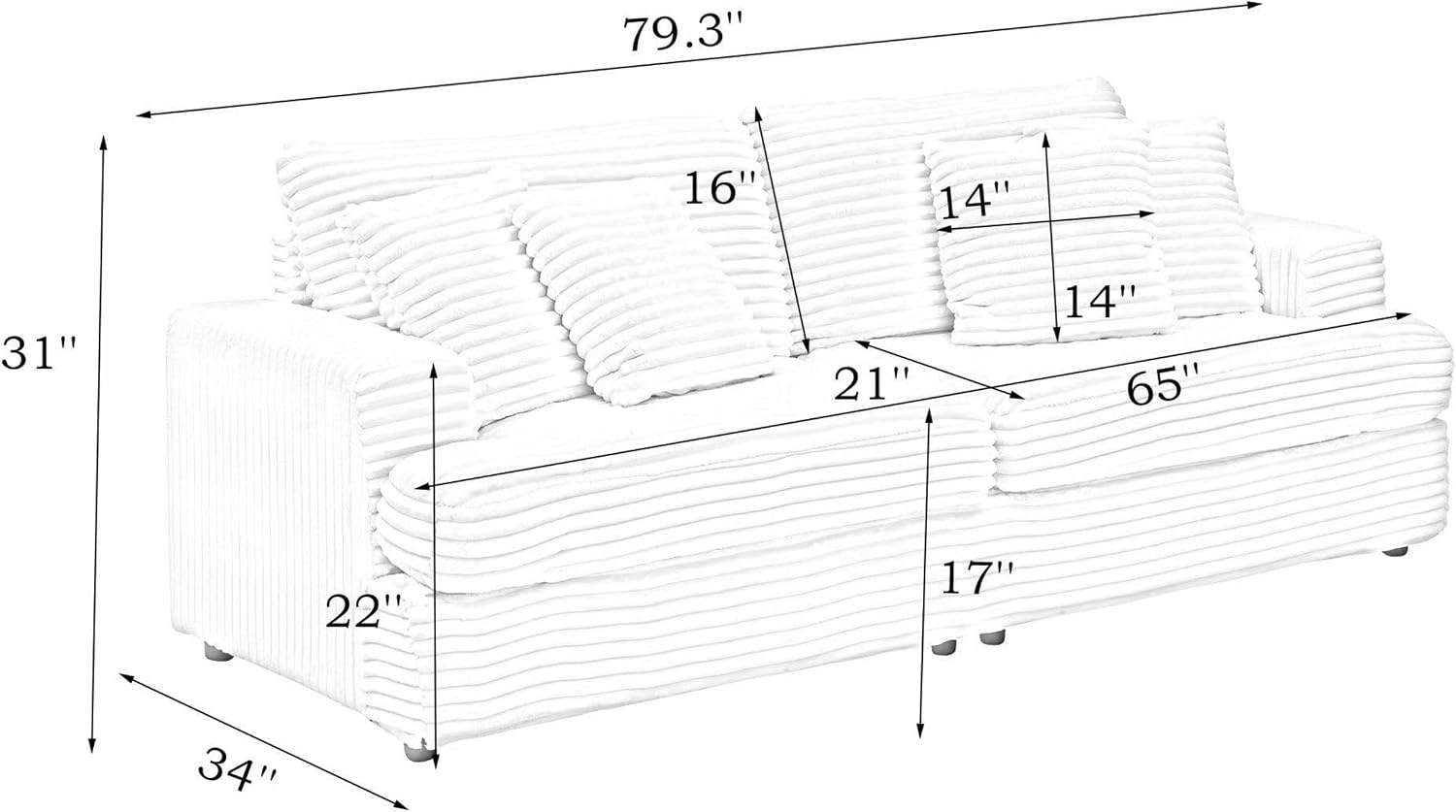 KEIKI 88.58 inch Sofa, Corduroy 3 Seater Couch Sofa with 4 Pillows, Corduroy Sleeper Couch for Living Room, Apartment, Salon, Home Theater, Black