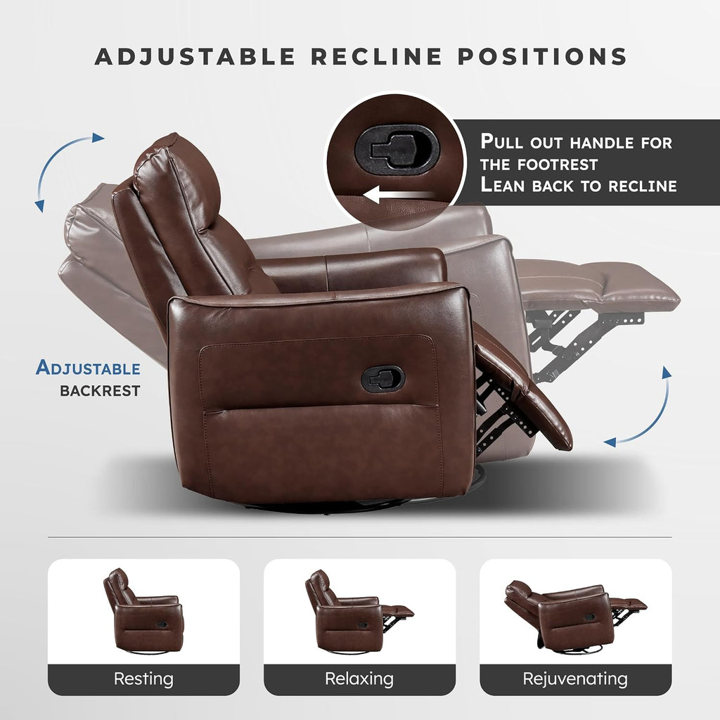 Lexicon Swivel Glider Reclining Chair, Top Grain Leather Match Manual Recliner, Comfy Nursery Glider Recliner, Swivel Reclining Chair for Living Room/Office/Bedroom/Apartment, Brown