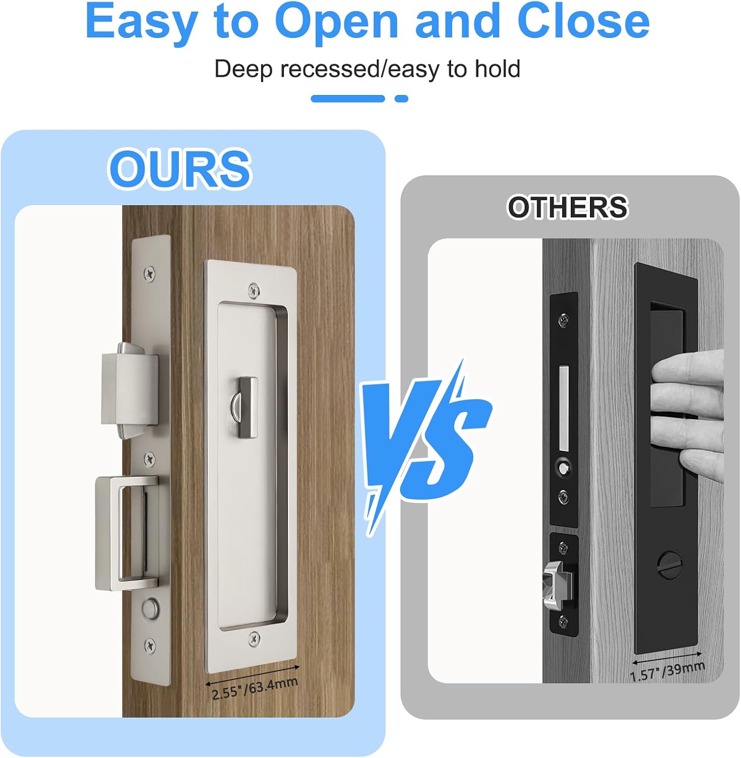 Rectangular Privacy Pocket Door Mortise Lock and Edge Pull, Narrow Modern Sliding Door Pop-Up Handle, (Bed/Bath) Pull Latch, Recessed Hardware for 1 3/8' to 2 3/16' Thickness Door (Brushed Nickel)