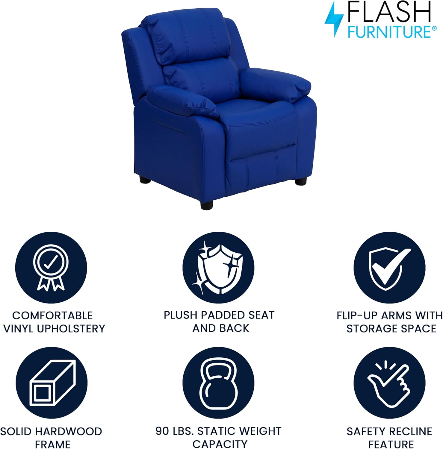 Flash Furniture Charlie Vinyl Kids Recliner with Flip-Up Storage Arms and Safety Recline, Contemporary Reclining Chair for Kids, Supports up to 90 lbs., Blue
