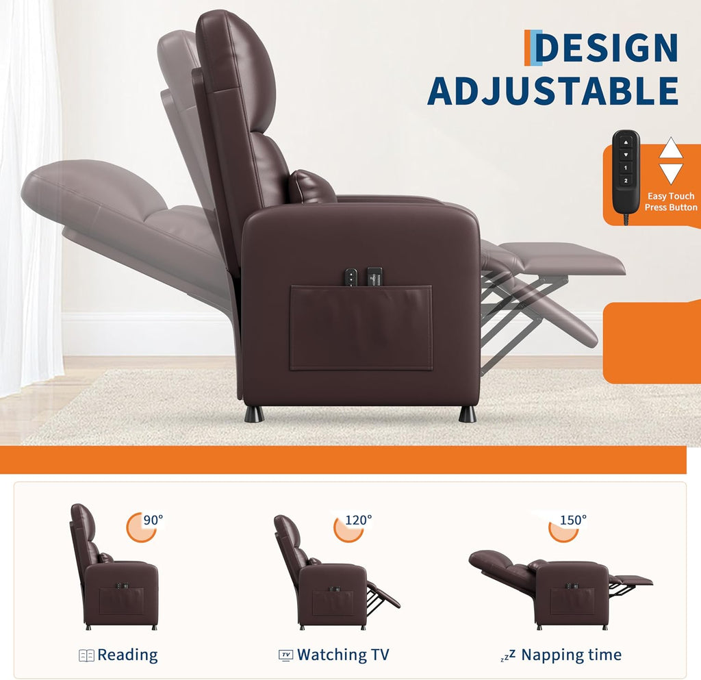Power Recliner Chair with Heat & Massage, Adjustable Electric PU Leather Single Sofa, Ergonomic Tall-Back Padded Seat, Home Theater Seating Recliner for Living Room