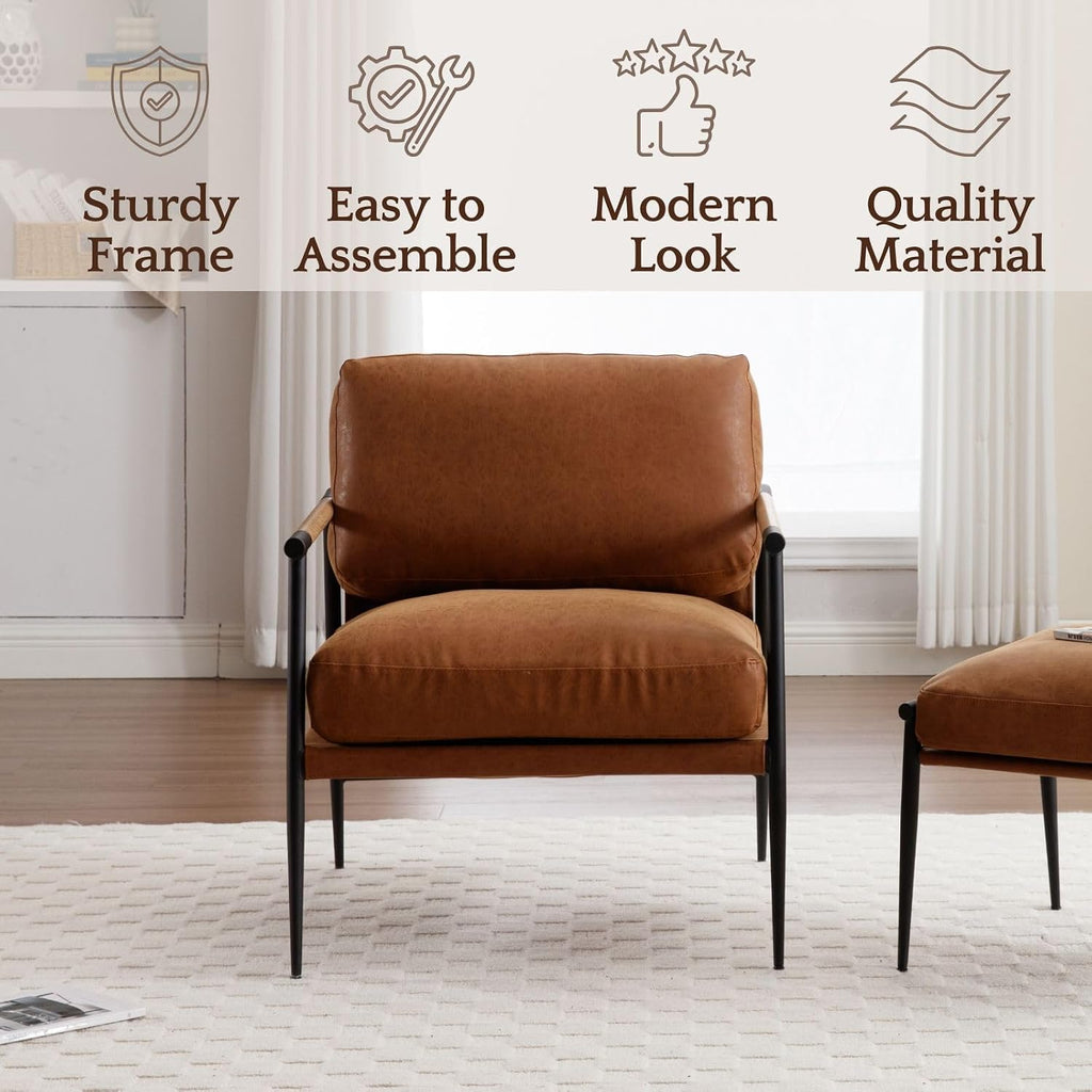 LukeAlon Mid-Century Leather Accent Chair Brown Modern Living Room Chair with Metal Legs Armchair Upholstered Comfy Leisure Chair for Bedroom Reception Area Reading Room