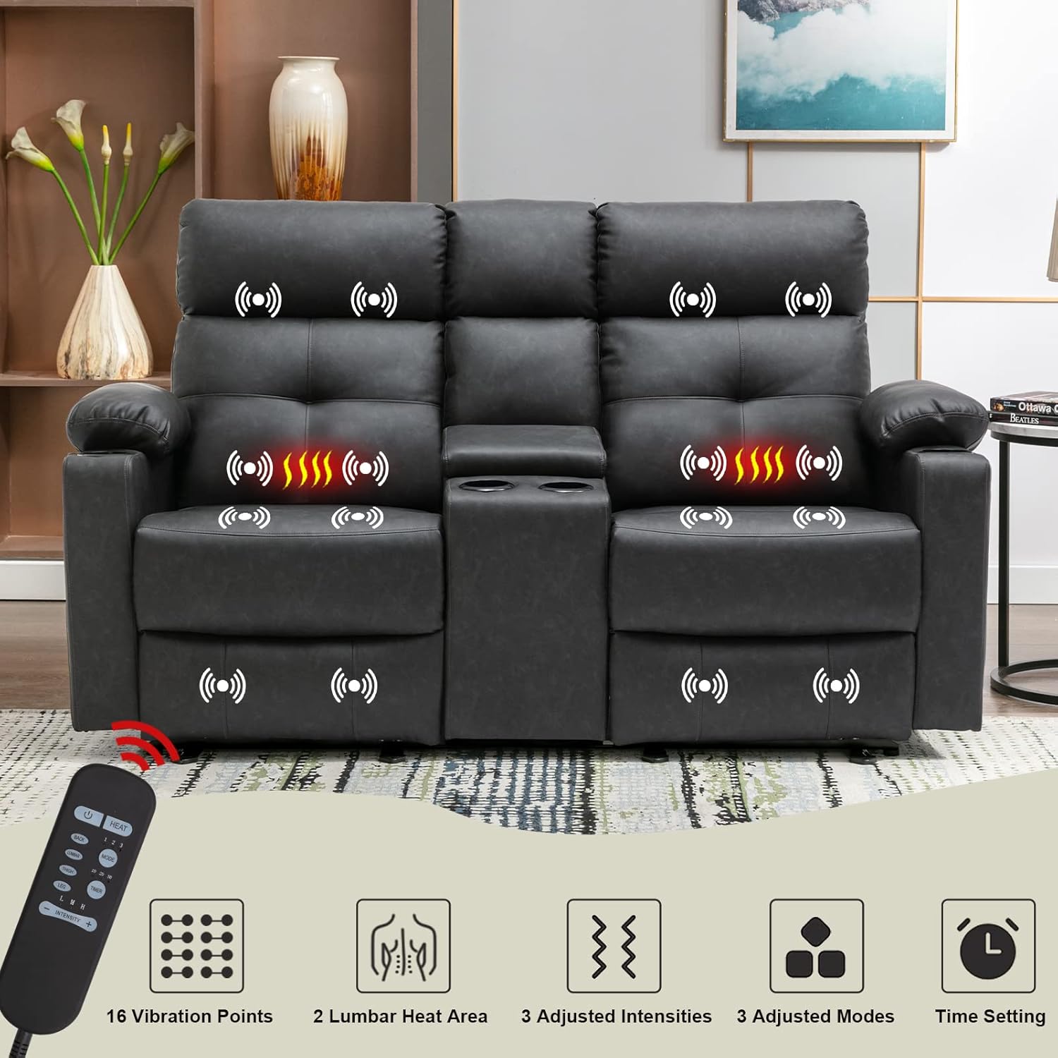 Power Reclining Loveseat with Console, Power Loveseat Recliner Sofa with Heat and Massage, Extended Footrest, Wall Hugger RV Recliner with Cup Holders, Lumbar Support for Living Room