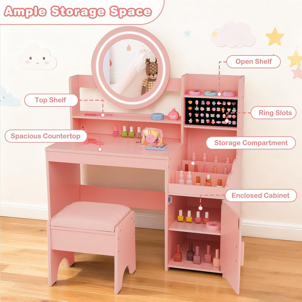 INFANS Kids Vanity with Lights, Princess Makeup Desk with Mirror Storage Shelves, Toddler Table and Chair Set Pretend Play for Girls Aged 4-9