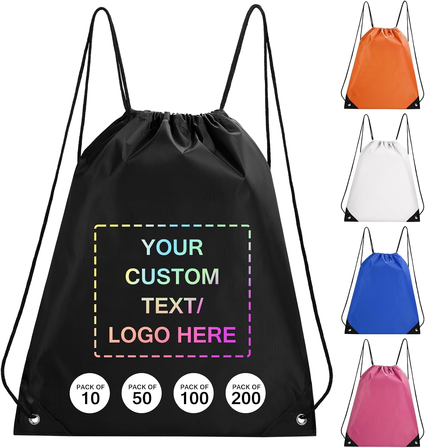 Fyore Custom Drawstring Bags with Logo Text, 100 Pack Bulk Personalized Promotional Items with Your Logo, 420D Polyester Customize Cinch Sack Bags for Travelling, Gym, Business Events, Daily Use