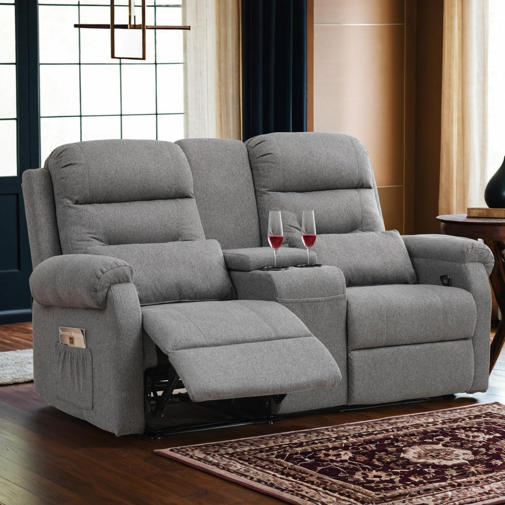 RV Loveseat Recliner with Console, Reclining Loveseat Sofa, Manual Home Theater Seating with Pockets/Cup Holders for Living Room/RV Furniture (Linen Ash)