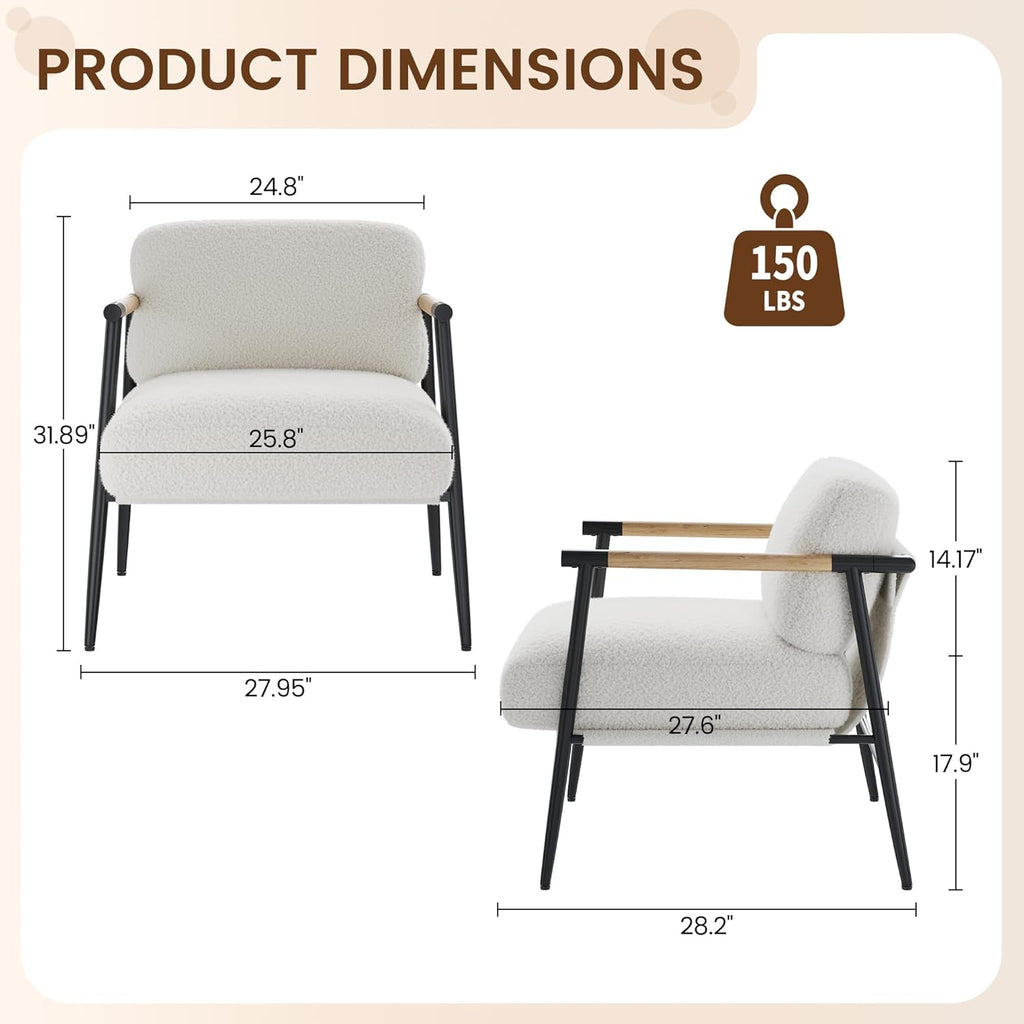 GarveeHome White Comfy Chair Set of 2, Modern Accent Chair with Metal Frame, Cozy Reading Chair with Soft Cushion & Wood Armrest for Bedroom, Living Room, White Set of 2