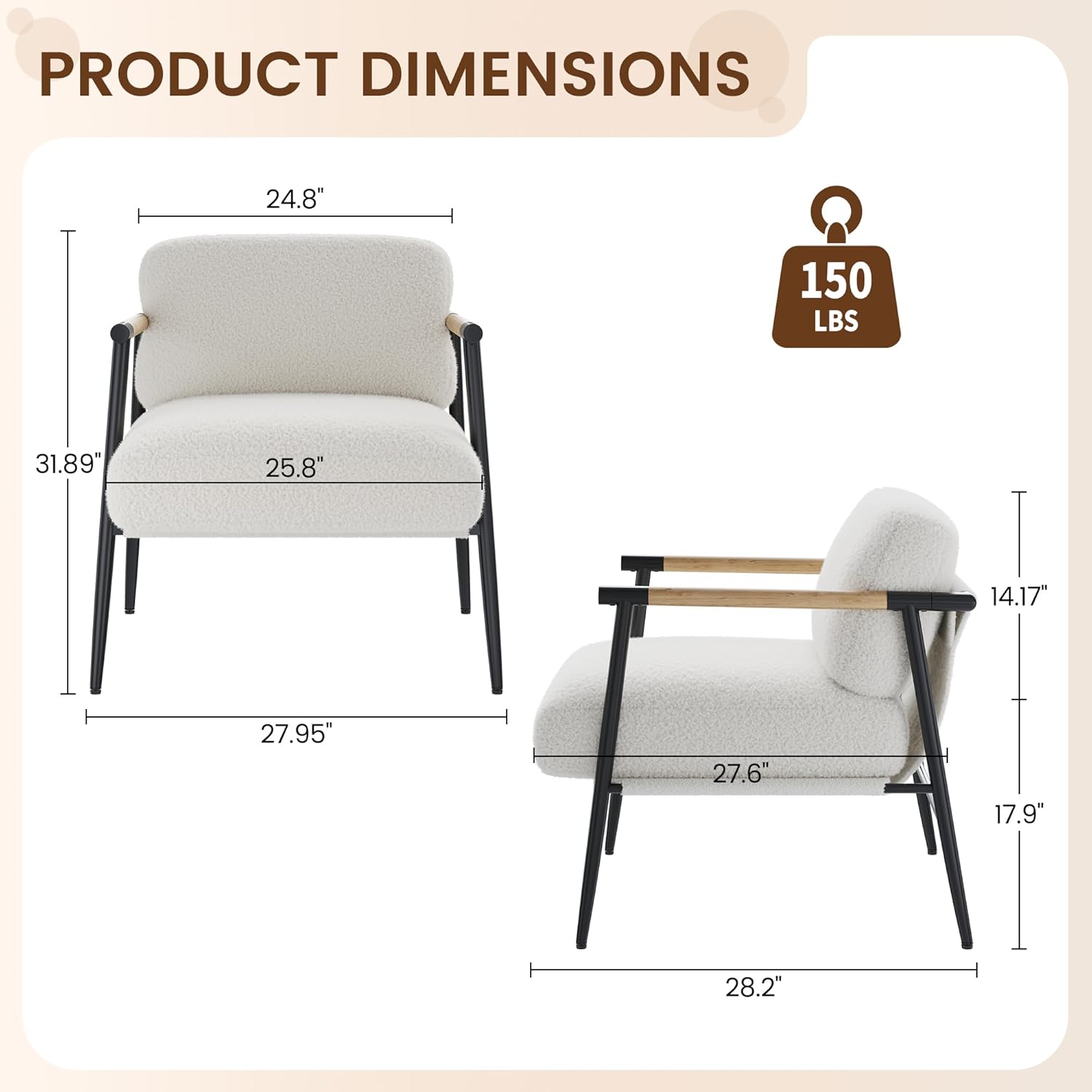 GarveeHome White Comfy Chair Set of 2, Modern Accent Chair with Metal Frame, Cozy Reading Chair with Soft Cushion & Wood Armrest for Bedroom, Living Room, White Set of 2