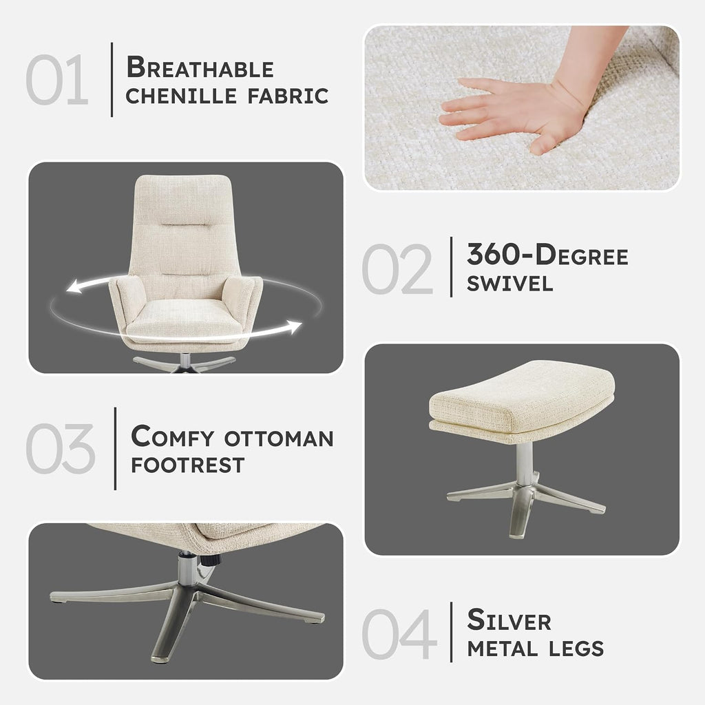 Lexicon 360 Degree Swivel Accent Chair with Ottoman, Chenille Upholstered Swivel Lounge Chair with Armrest, Criss-Cross Legs and Footstool for Living Room/Office/Bedroom, Beige
