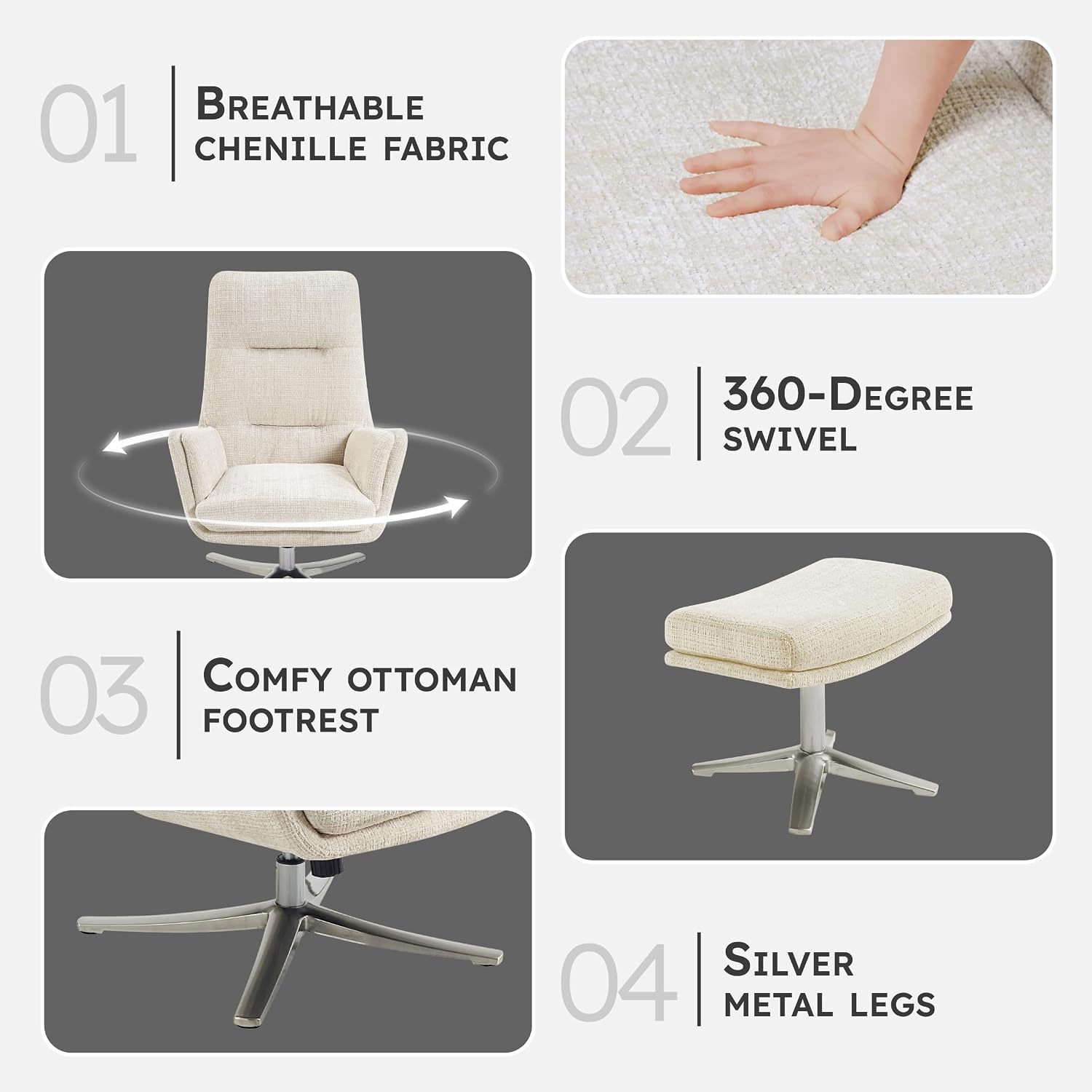 Lexicon 360 Degree Swivel Accent Chair with Ottoman, Chenille Upholstered Swivel Lounge Chair with Armrest, Criss-Cross Legs and Footstool for Living Room/Office/Bedroom, Beige