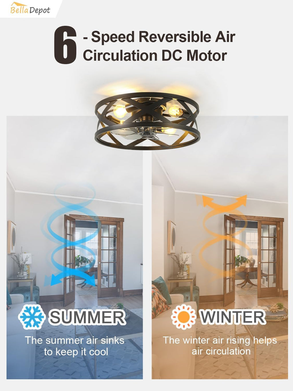Bella Depot 20' Modern Flush Mount Ceiling Fan with Light, Chandelier Fan, 6 Speeds Reversible Bladeless for Bedroom Living Room Kitchen