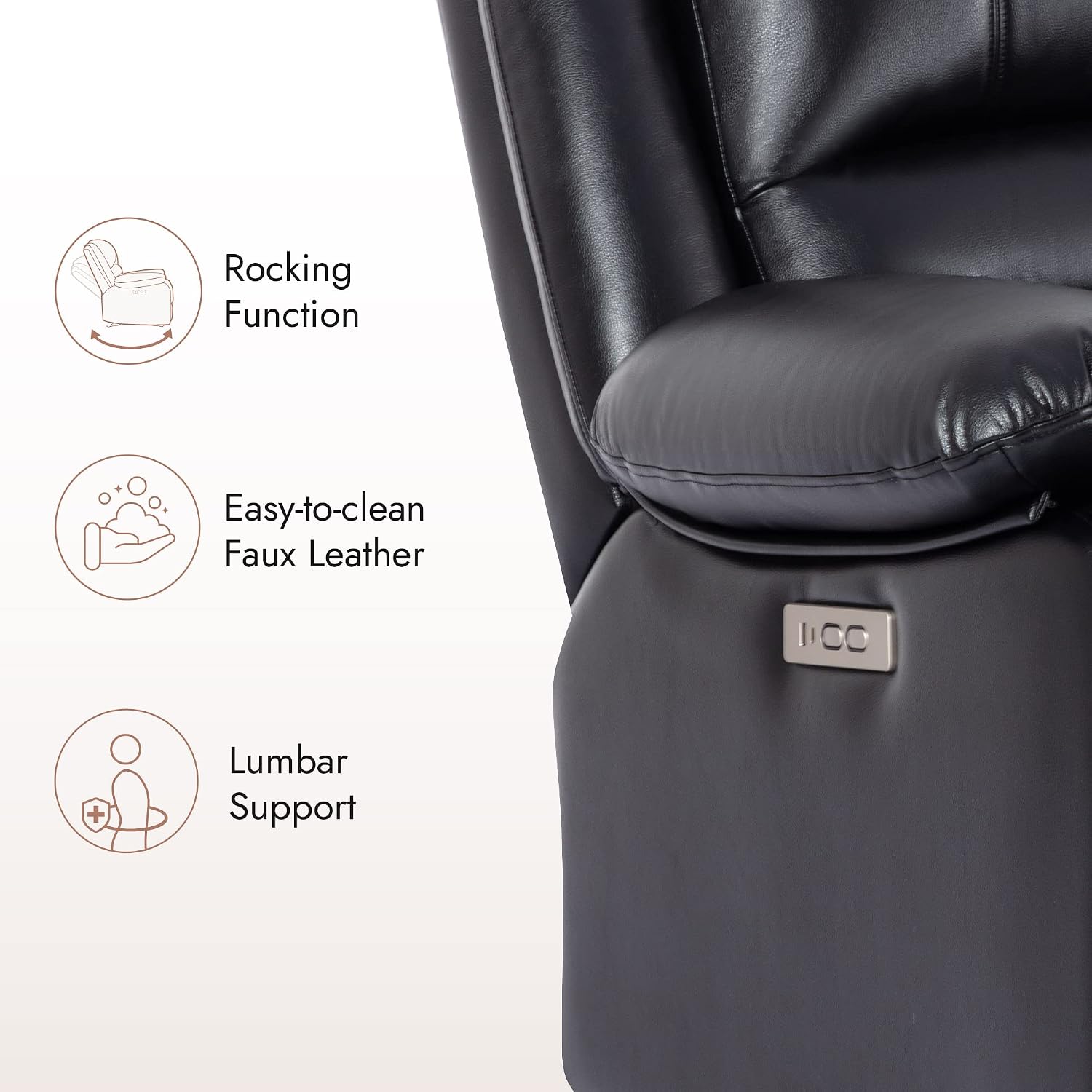 Watson & Whitely Power Recliner Chair for Adults, Faux Leather Electric Reclining Chair for Living Room, Upholstered Recliner with USB Port, Black