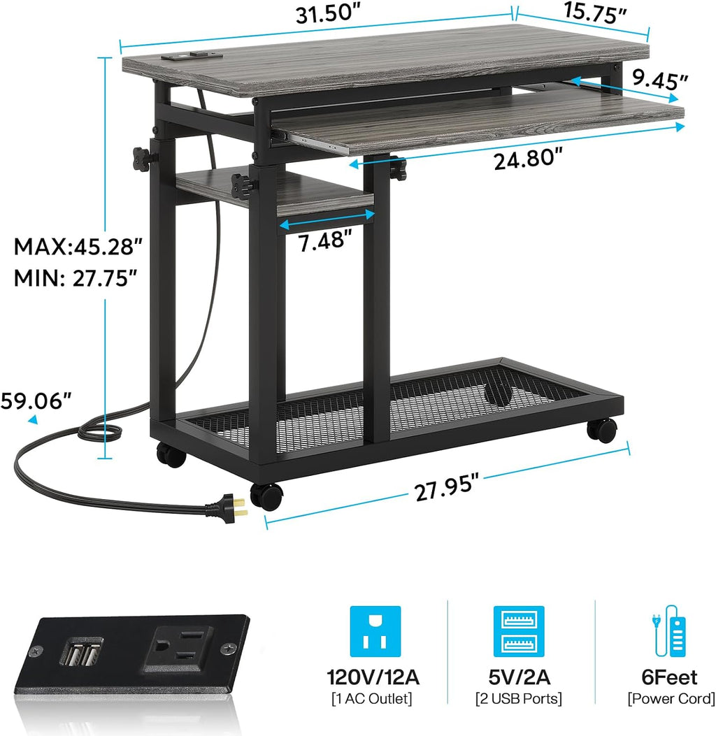 LITTLE TREE Small Computer Desk with Power Outlet, Heigh Adjustable Laptop Desk, Portable Desk for Home Office, Sofa Couch Bedside Laptop Table with Wheels, Perfect Petite Bureau de Travail