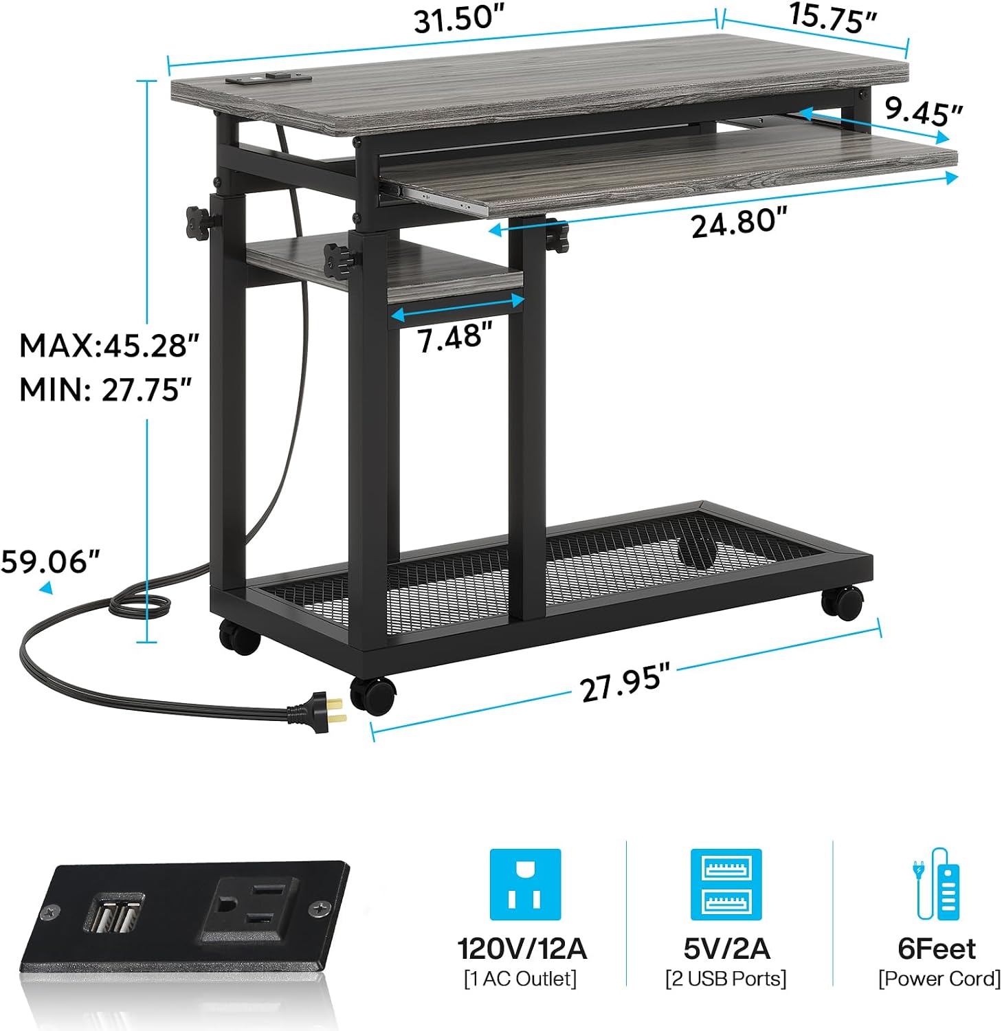 LITTLE TREE Small Computer Desk with Power Outlet, Heigh Adjustable Laptop Desk, Portable Desk for Home Office, Sofa Couch Bedside Laptop Table with Wheels, Perfect Petite Bureau de Travail
