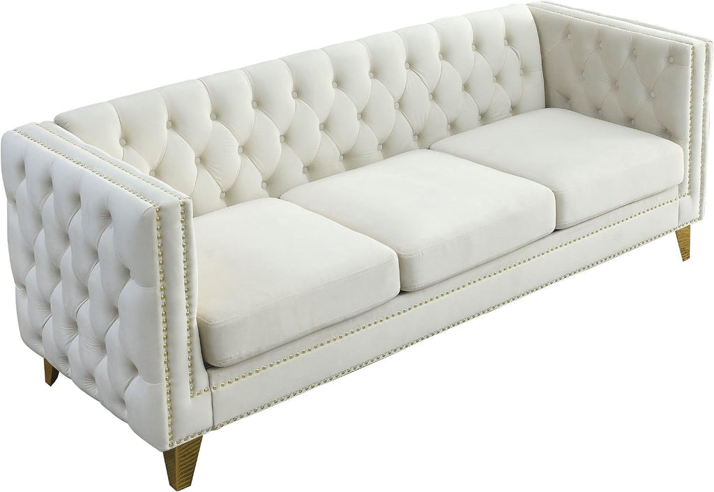 KEIKI Tufted Velvet 3+2 Seat Sofa Couch for Living Room, Buttons Tufted Square Arm Couch for Home Apartment, Beige