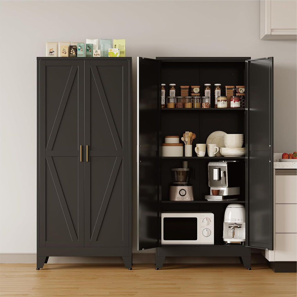 COFaR Metal Pantry Cabinet with Doors, Farmhouse 61'' Tall Storage Cabinet with 3 Adjustable Shelves, Kitchen Pantry Cabinet for Dinning Room, Garage, Laundry, Bathroom, Black 4-Tier