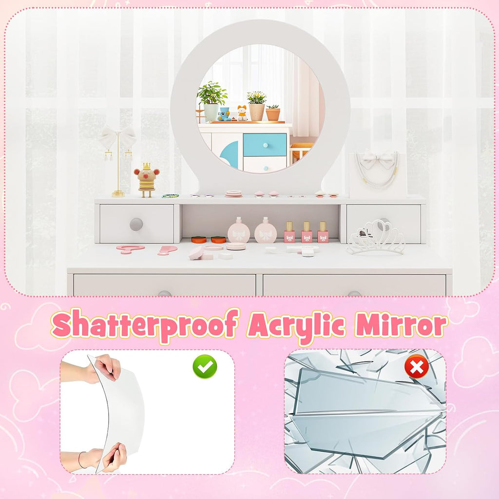 HONEY JOY Kids Vanity, Little Girls Vanity Set with Mirror and Stool, Drawers, Toddler Makeup Vanity Dressing Table, Wooden Pretend Play Kids Vanity Table and Chair Set (White)