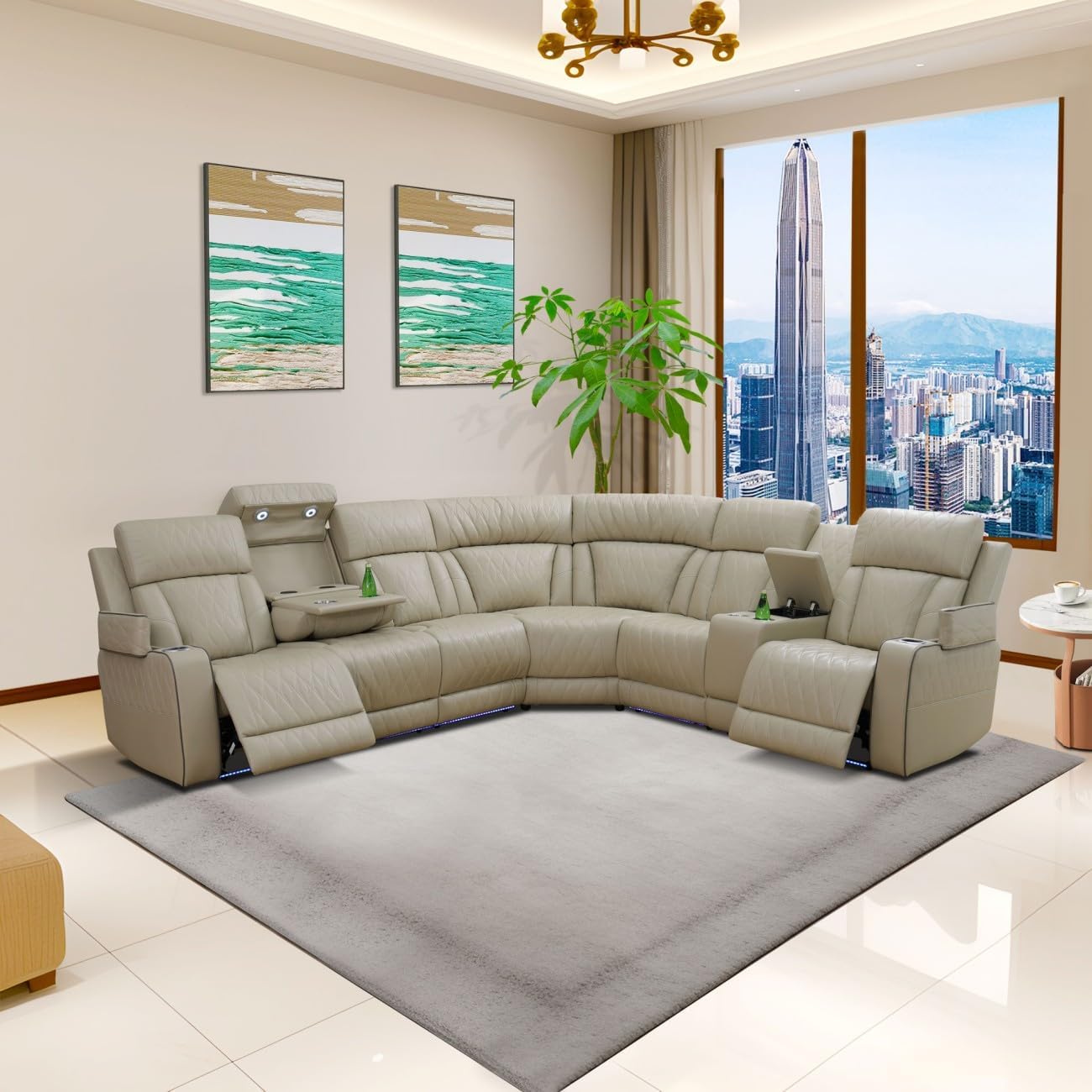 Reclining Sectional, Power Sectional Couch, Leather Sofa Set for Living Room, Comfy Home Theater Seating with USB 2.0 Charging Ports, LED Light Strips, Fold-Down Table & Cupholders (Beige)