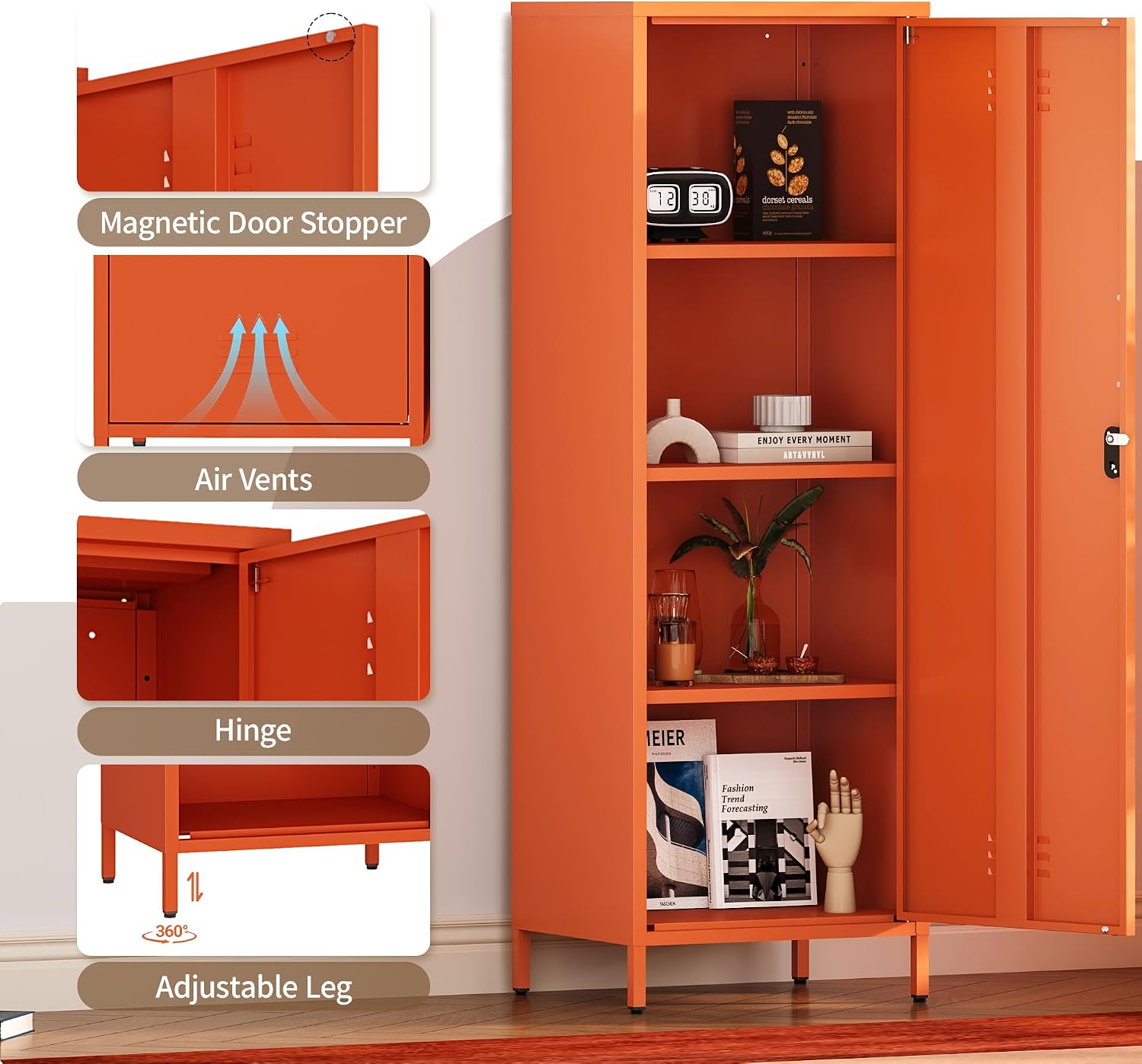 Metal Locker Storage Cabinets 59.06'H Orange Locking File Cabinets Kitchen Food Pantry Cabinet with 2 Doors and Shelves for Dining Room, Living Room,Bathroom Office,Home,Garage, Gym, School