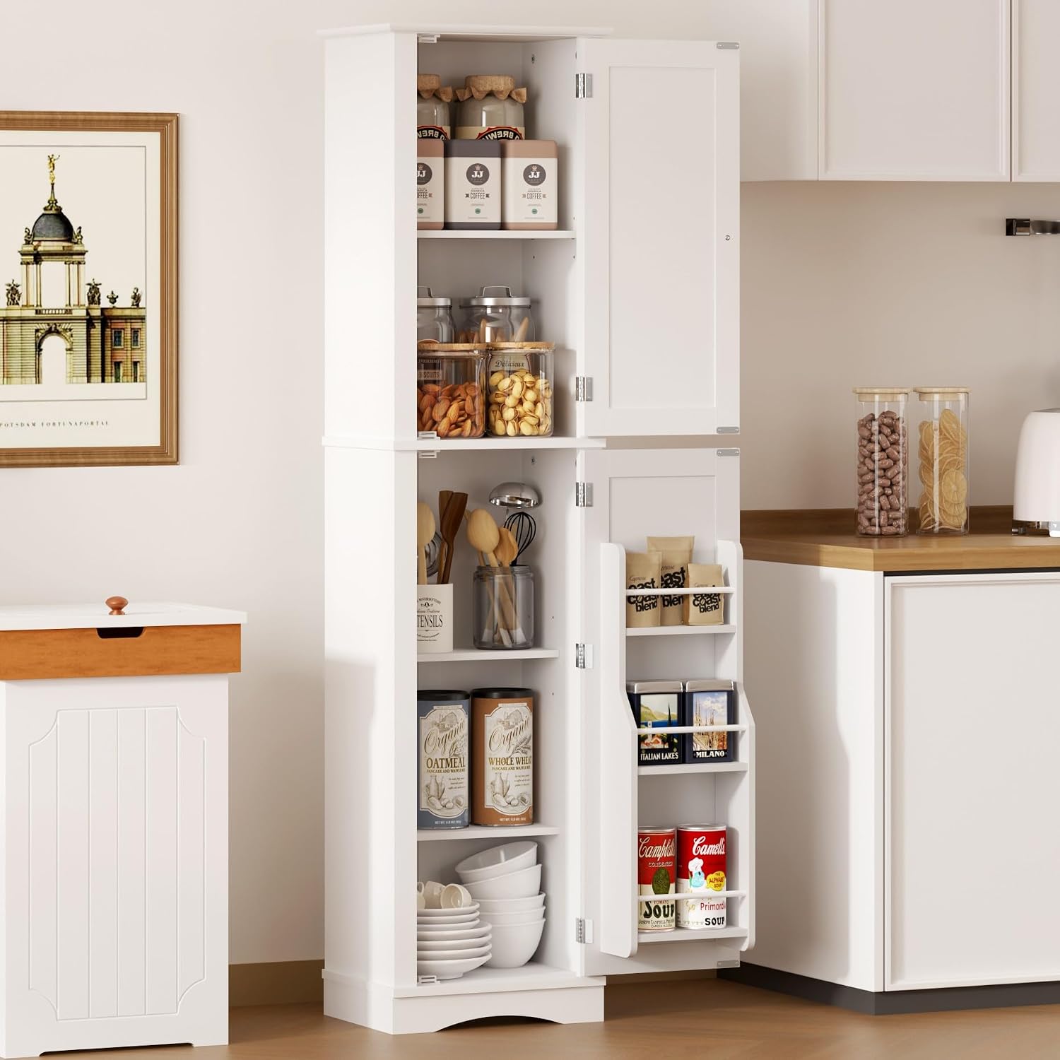 Function Home Tall Bathroom Storage Cabinet, 64' Slim Kitchen Pantry with Door Storage, Narrow Wood Freestanding Cabinets with Adjustable Shelves for Kitchen Living Room Dining Room, White