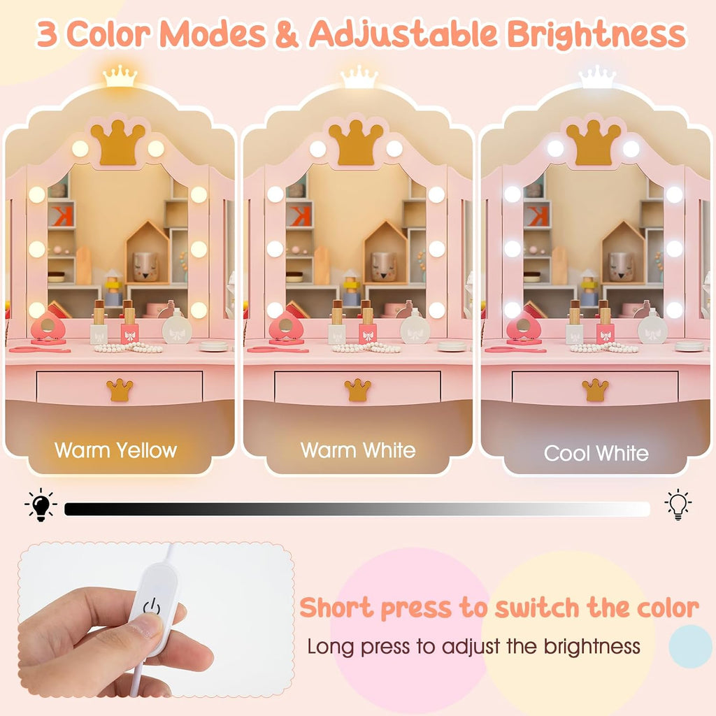Costzon Kids Vanity with Lights, Girls Vanity Set with Mirror and Stool, Drawer, 2 in 1 Princess Makeup Desk Dressing Table, Kids Vanity Table and Chair Set (Pink)