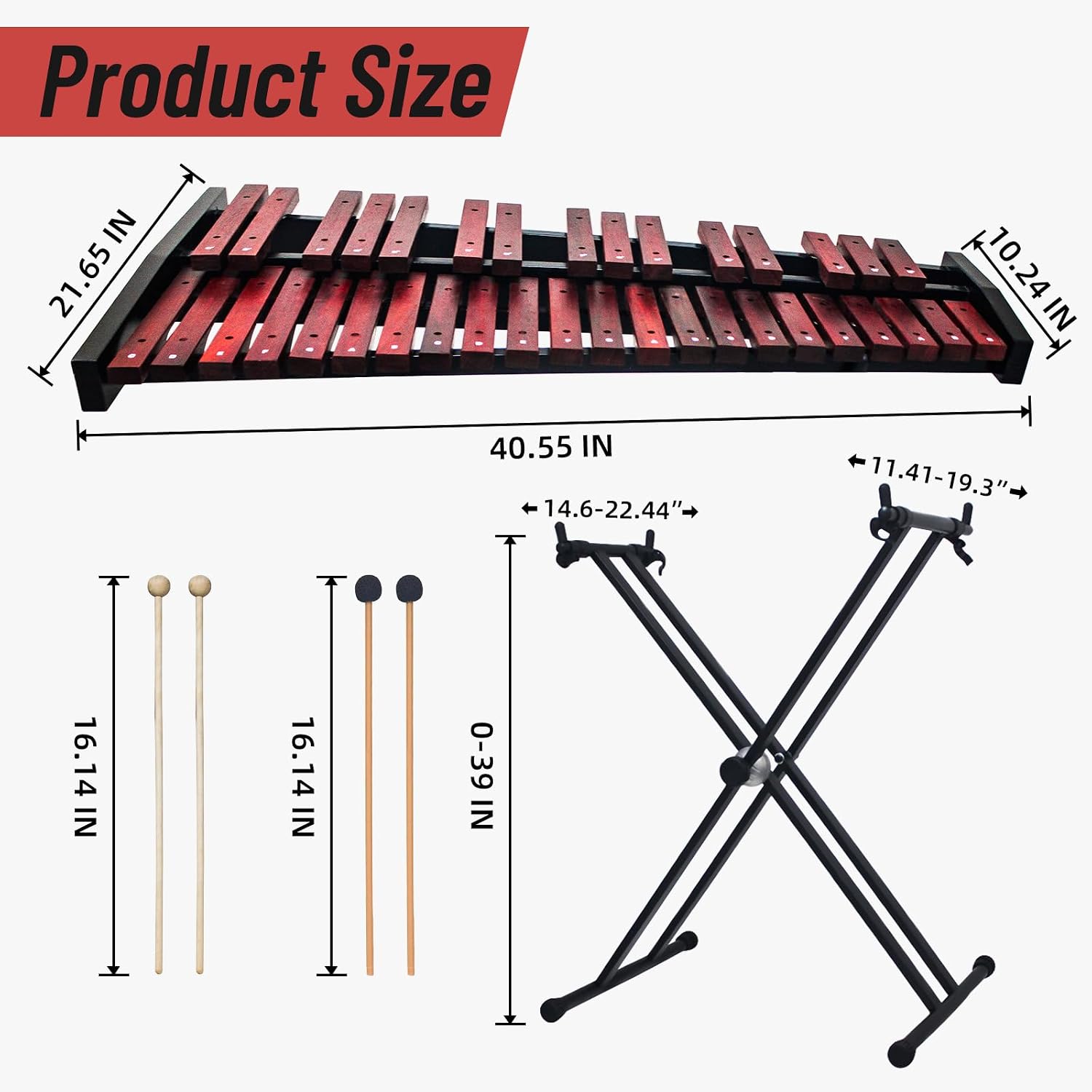 Marimba,37-key wooden Xylophone, complete with two pairs of mallets in different tones and an adjustable stand; a professional marimba suitable for beginners and students