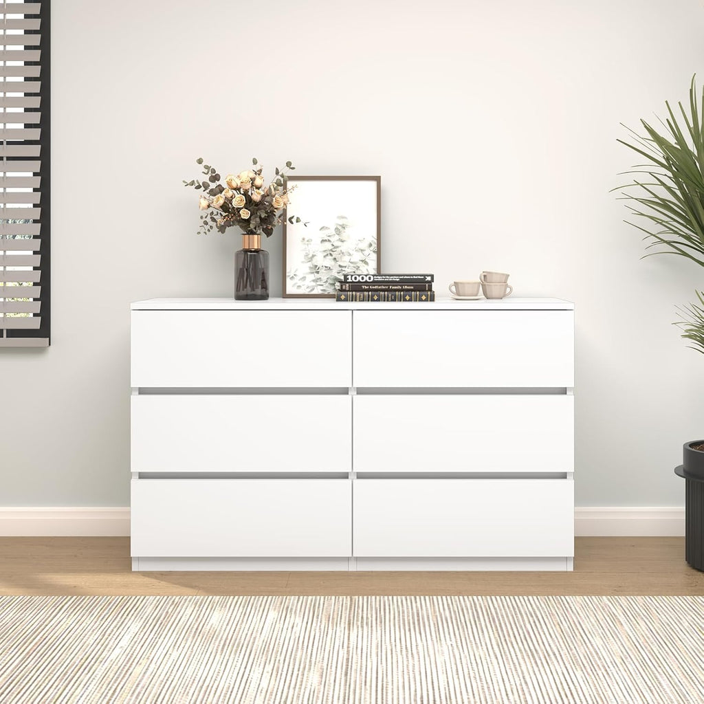 furtble 6 Drawer Dresser for Bedroom, Modern White Chest of Drawers No Handles Large Storage, Wood Dressers with Wide Drawers for Closet, Living Room, Home Office(43.3' W x13.4 Dx 26.4' H)