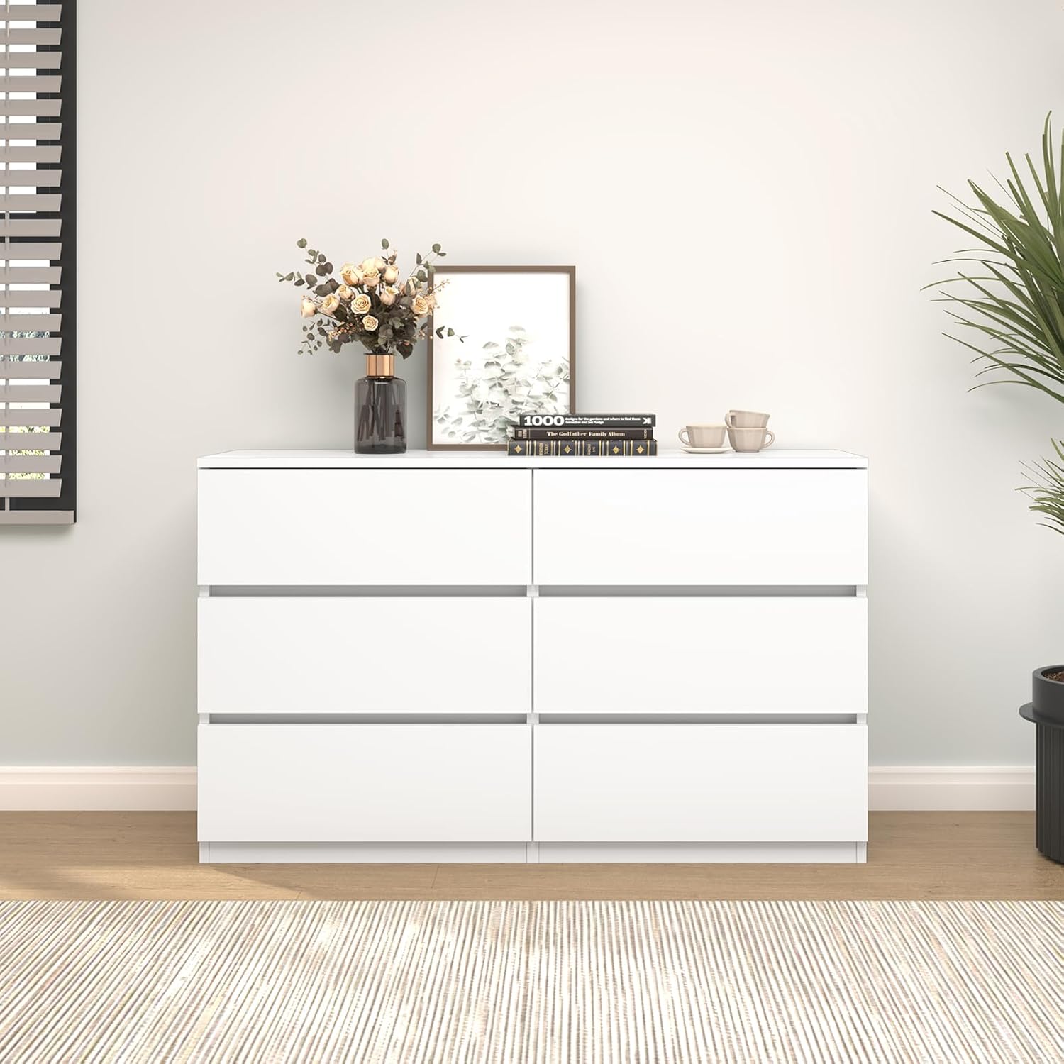 furtble 6 Drawer Dresser for Bedroom, Modern White Chest of Drawers No Handles Large Storage, Wood Dressers with Wide Drawers for Closet, Living Room, Home Office(43.3' W x13.4 Dx 26.4' H)