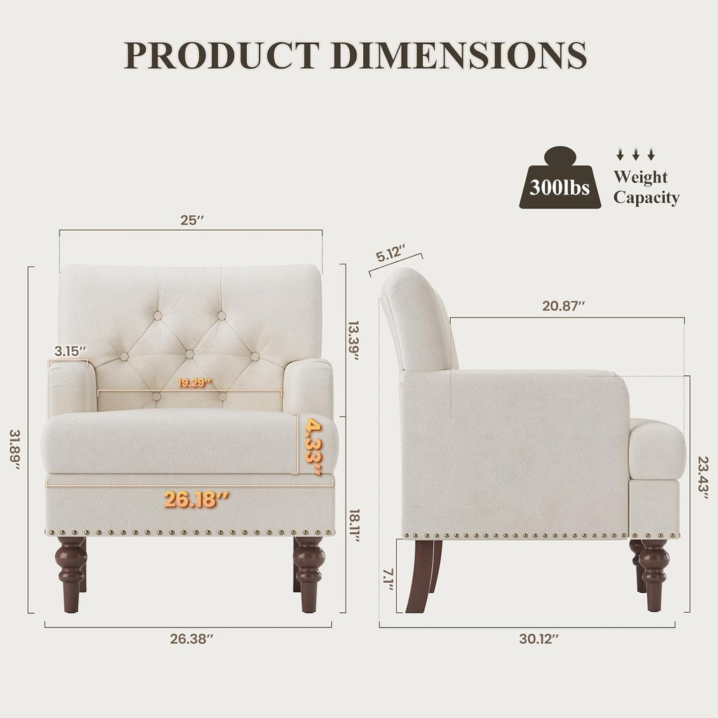 MALOL Upholstered Accent Chair Set of 2, Comfy Reading Chair for Living Room, Mid Century Modern Armchair with Thick Cushion & Solid Rubberwood Legs, for Bedroom/Small Spaces, Beige