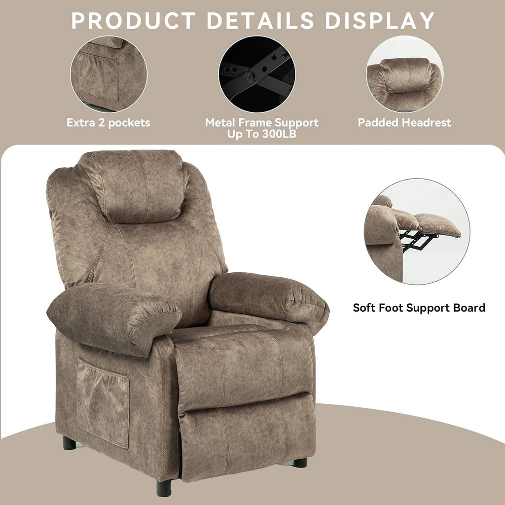 Massage Recliner Chair with Heat,Overstuffed Fabric Recliner Chairs with Heating,Small Recliner for Living Room Bedroom, Manual Reclining Single Sofa Recliners Lounge Chair for Adult,Brown