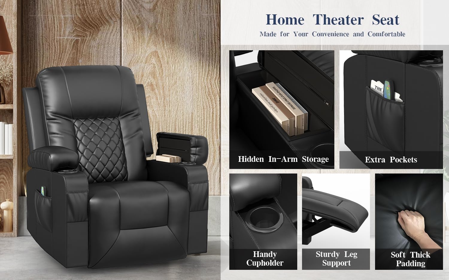 Recliner Chairs for Adults, FSC Certified Massage Reclining Chair with Heated Modern, Ergonomic Lounge Single Reclining Sofa Seat with Cup Holder & Pocket, Living Room Lounge Recliners Black