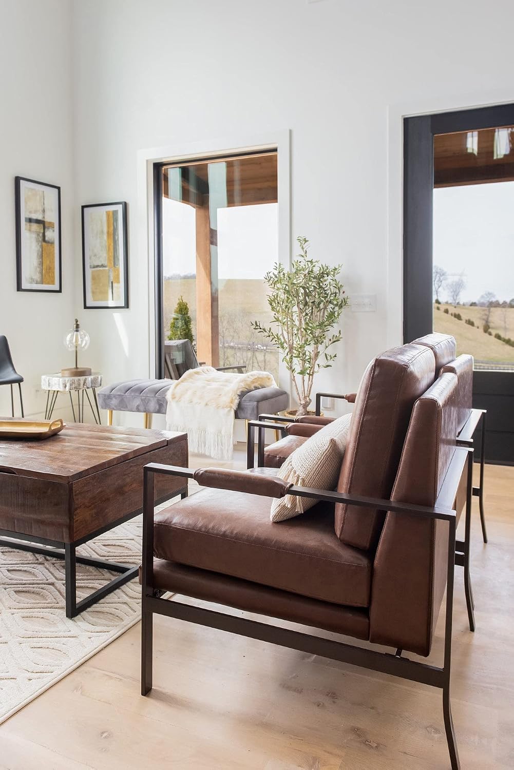 Signature Design by Ashley Peacemaker Mid-Century Modern Faux Leather Accent Chair, Brown