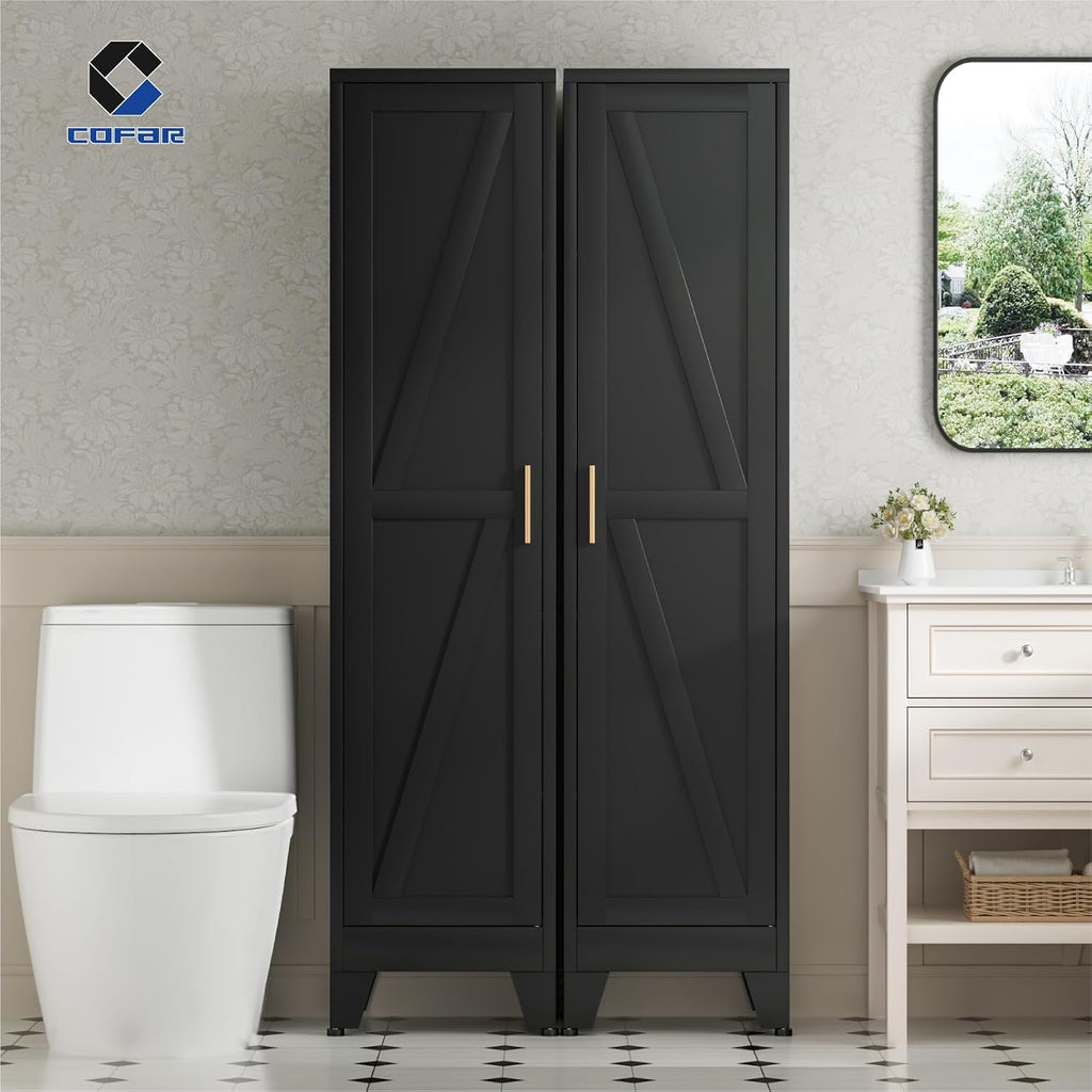 COFaR 67'' Tall Slim Bathroom Storage Cabinet, Metal Narrow Pantry Cabinet with 4 Adjustable Shelves and One Door, Skinny Cabinet Storage for Kitchen Laundry, Black Farmhouse 5 Tiers