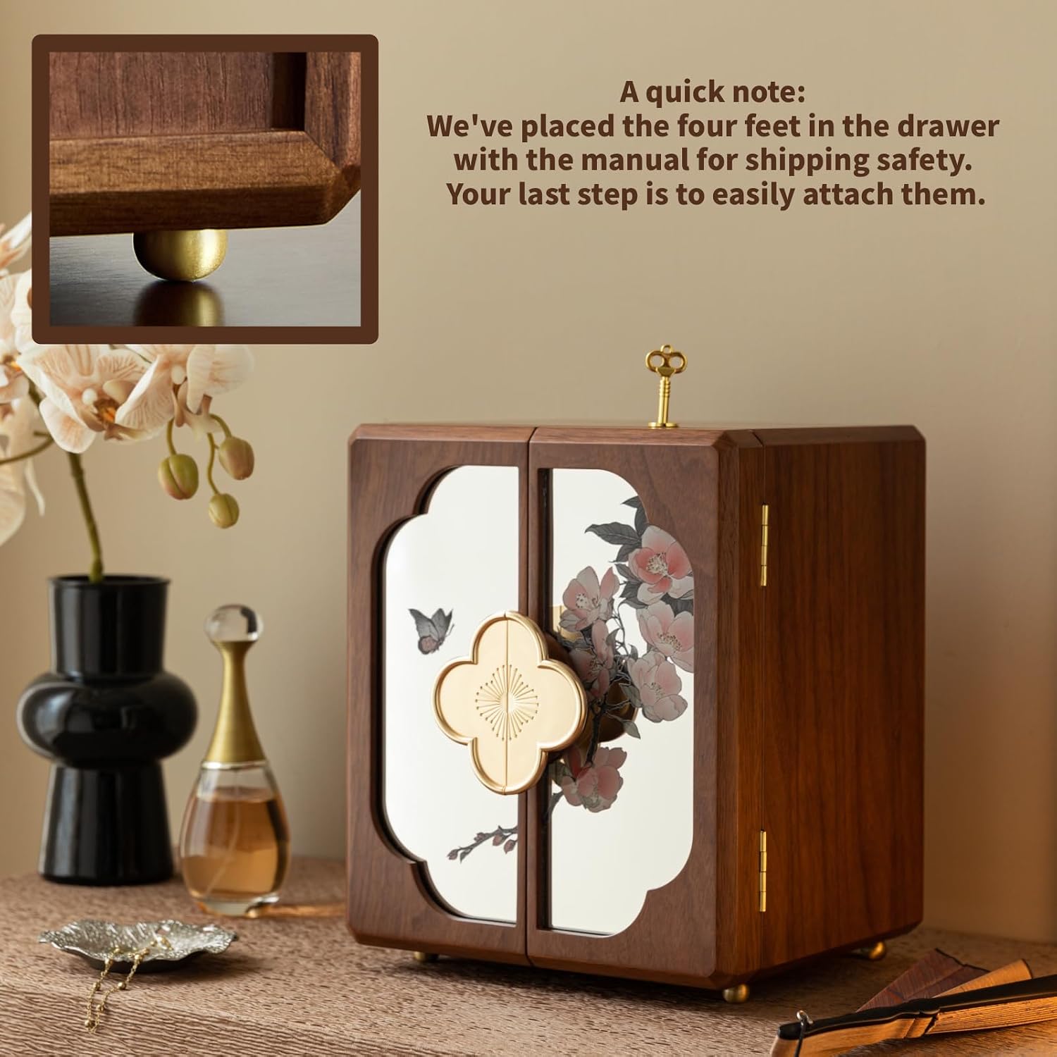 Kinsuite Black Walnut Jewelry Box - 5-tier Jewelry Organizer with Secure Double-Door, Safe with Lock for Earring, Ring, Necklace, Bracelets with Mirror