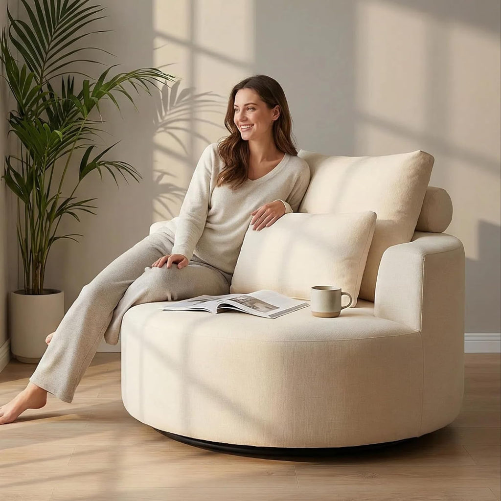 Furnimart 360° Swivel Oversized Barrel Chair, Chenille Upholstered Round Accent Chair with High Density Sponge, No Assembly Lazy Sofa for Living Room Bedroom Office, Beige