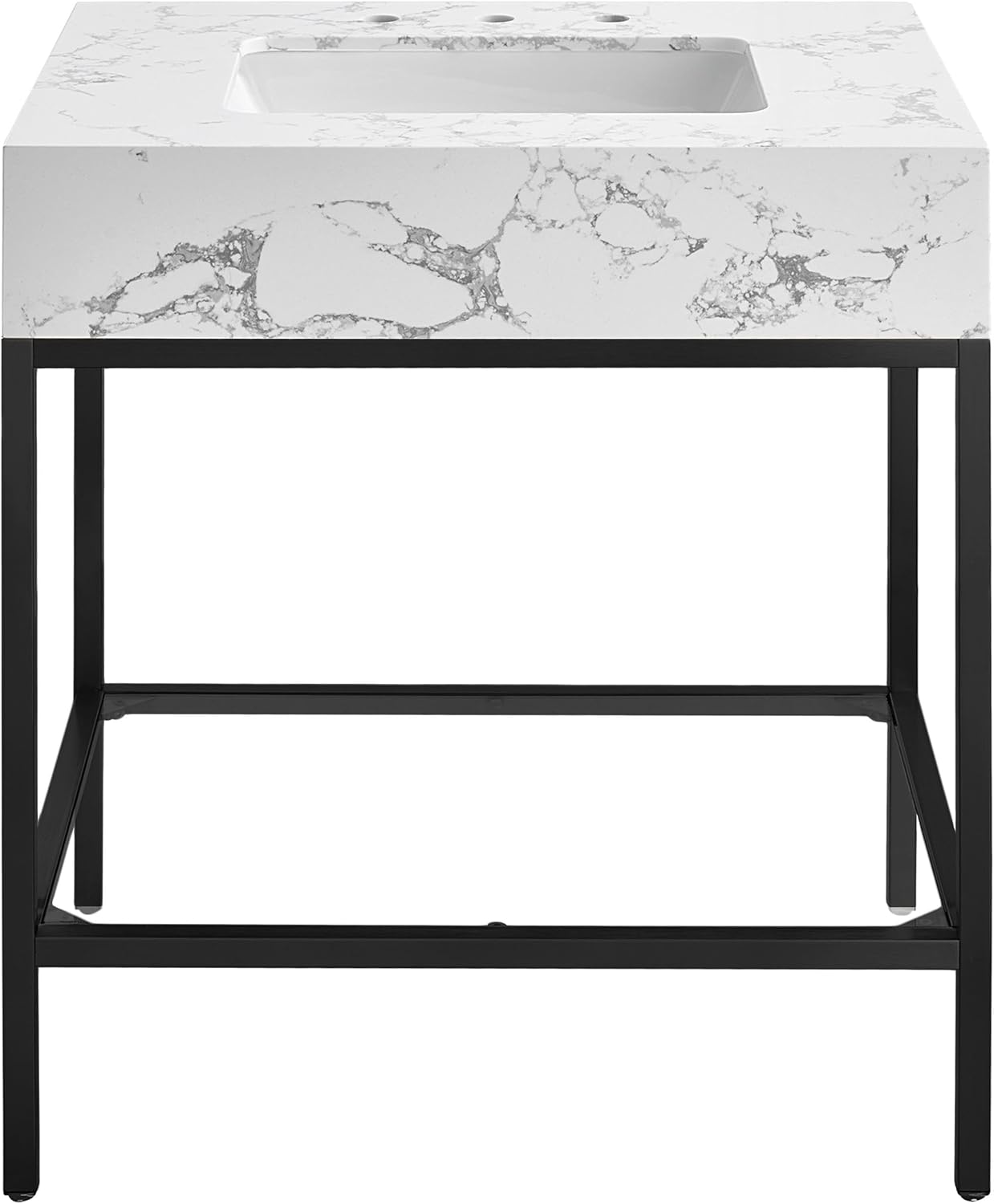 Meridian Furniture 407White-30 Marmo Collection Modern | Contemporary Bathroom Vanity with White Engineered Stone with Grey Veining, Matte Black Metal Base, 30' W x 23' D x 34' H, Black