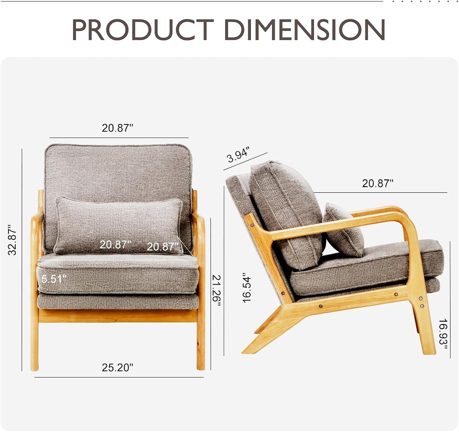 MALOL Mid-Century Accent Chair Set of 2 with Solid Wood Frame, Reading Relaxing Armchair Lumbar Pillow&Soft Cushion, Leisure Chair for Living Room, Bedroom, Waiting Room-Grey