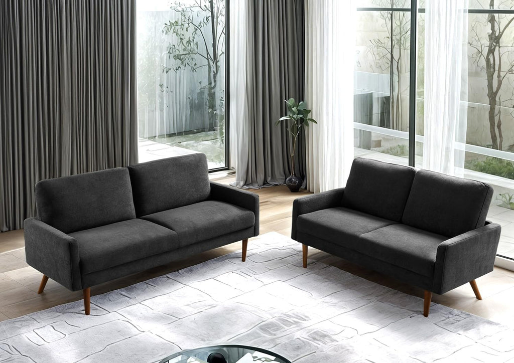 Kent 2 Piece Velvet Sofa and Loveseat Set, European Style with Modern & Vintage Flair, Upholstered 5 Seater Couch, Chic Living Room Furniture Seating for Home, Apartment or Office, Black