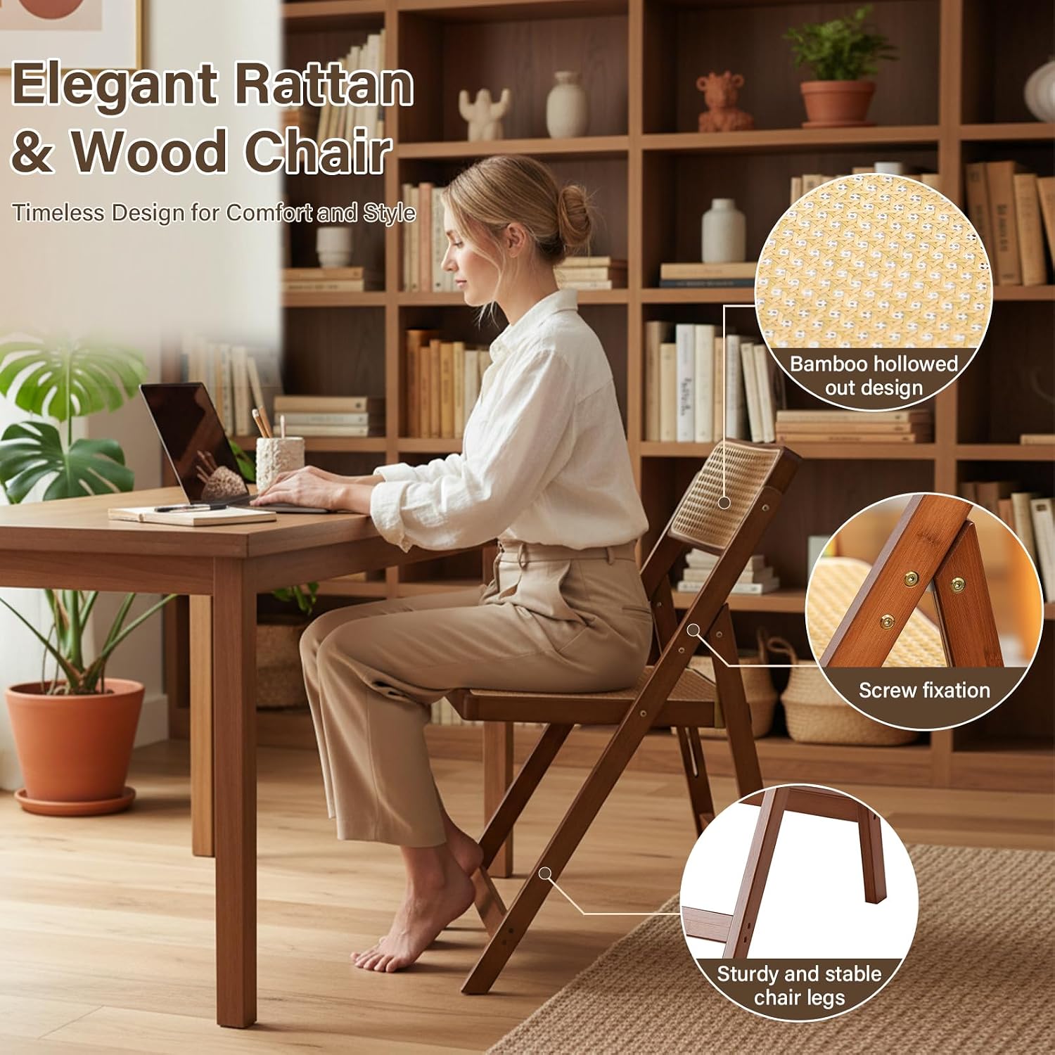 Furlide Rattan Folding Chairs, Modern Mid Century Dining Chairs Set of 2, Outdoor Bamboo Chairs for Bedroom Living Room Reading Room Dining Kitchen, Walnut