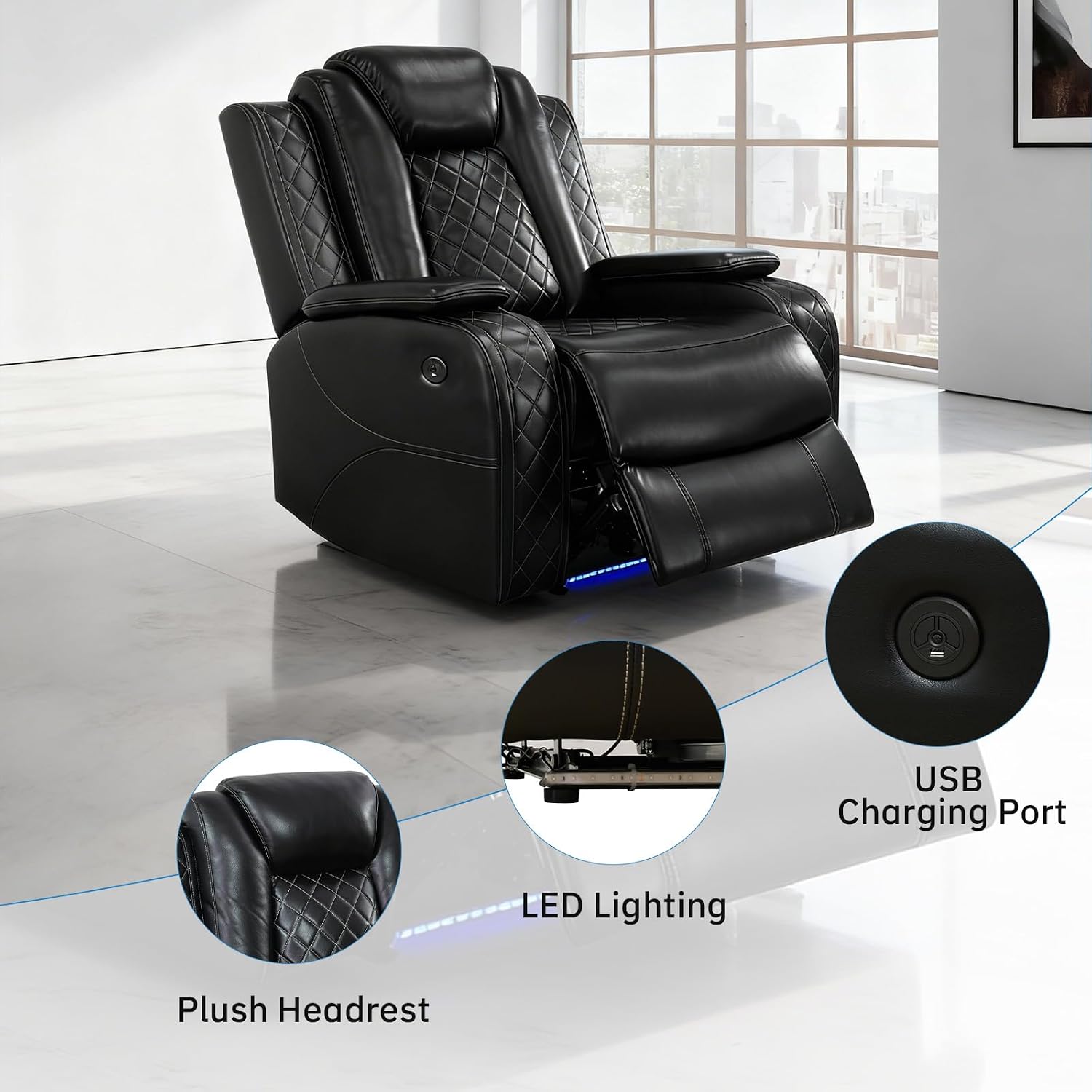 Living Room Furniture Sets, Power Recliner Sectional Sofa with LED Lights, Leather Couch Set, Reclining Chair for Living Room, Home Theater,and Office (1-Seater Chair, Black)