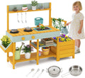 Costzon Mud Kitchen, Wooden Kids Potting Bench w/Removable Faucet, Sink, Stoves, Rotation Knobs, Planter Boxes, Trellis & Cooking Accessories, Mud Kitchen for Kids Outdoor 3-8 (Yellow)